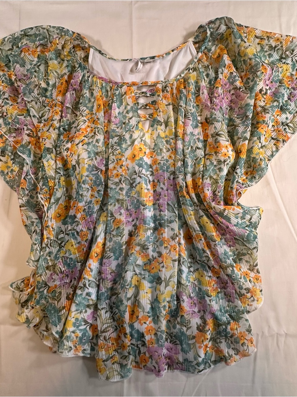 Cato Floral Pleated Peasant Blouse — Yellow, Green & Purple